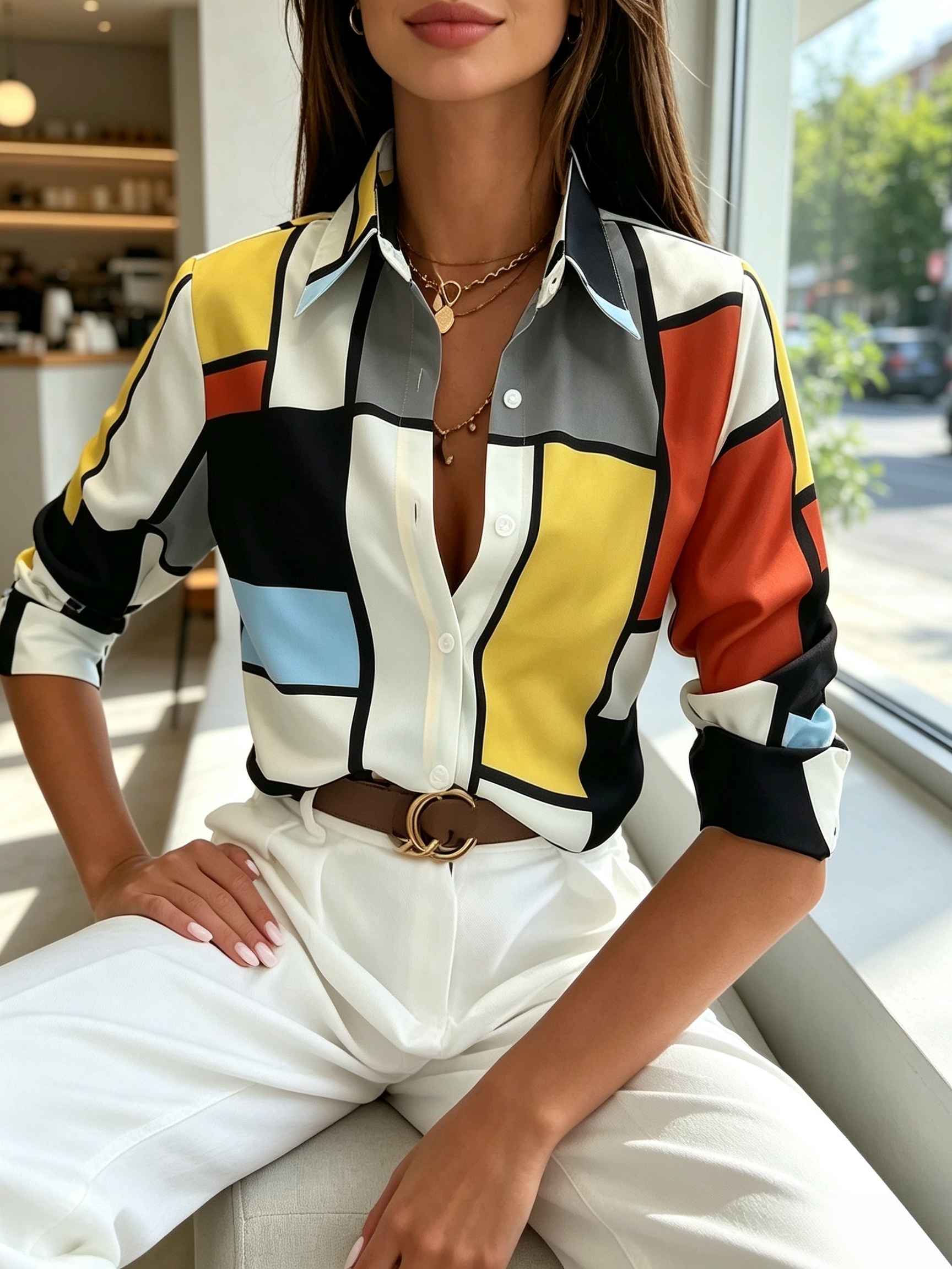 Women's Geometric Color Block Print Shirt, Lapel Collar Long Sleeve Button Down Casual Blouse Top