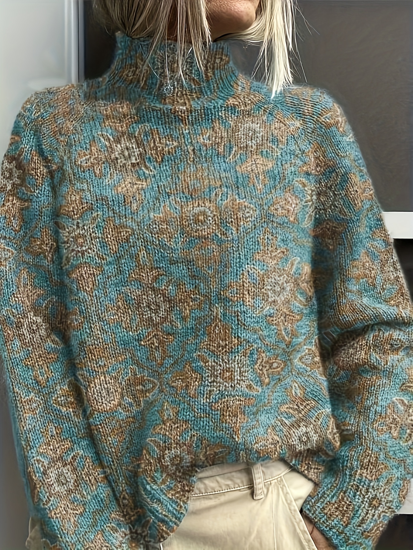  Women's Oversized Mock Neck Sweater, Vintage Floral Jacquard Print Long Sleeve Loose Casual Fall Winter Knit Pullover Top 