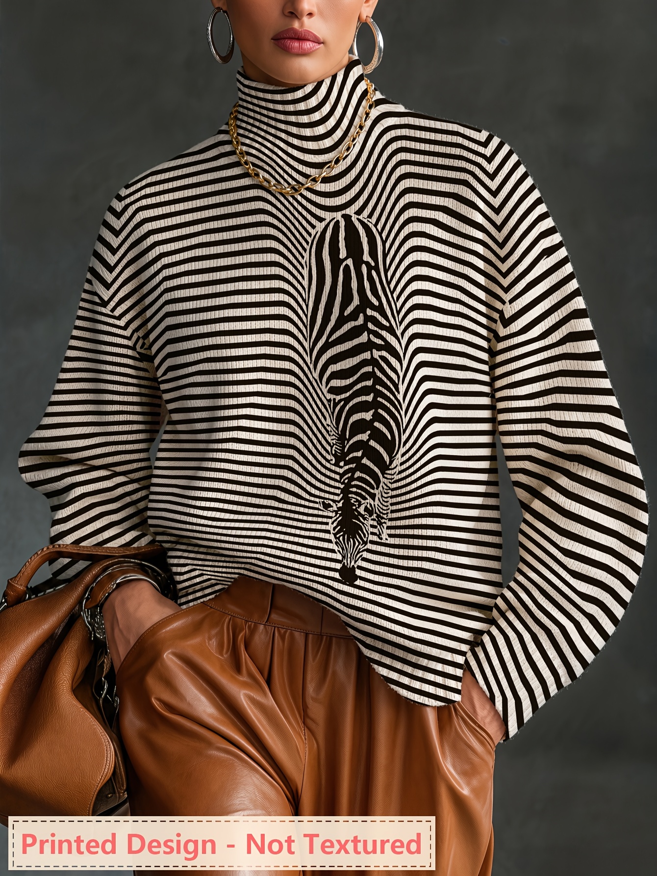 Women's Oversized Turtleneck Sweater, Zebra Stripe Art Print Long Sleeve Loose Casual Fall Winter Pullover Knit Top 