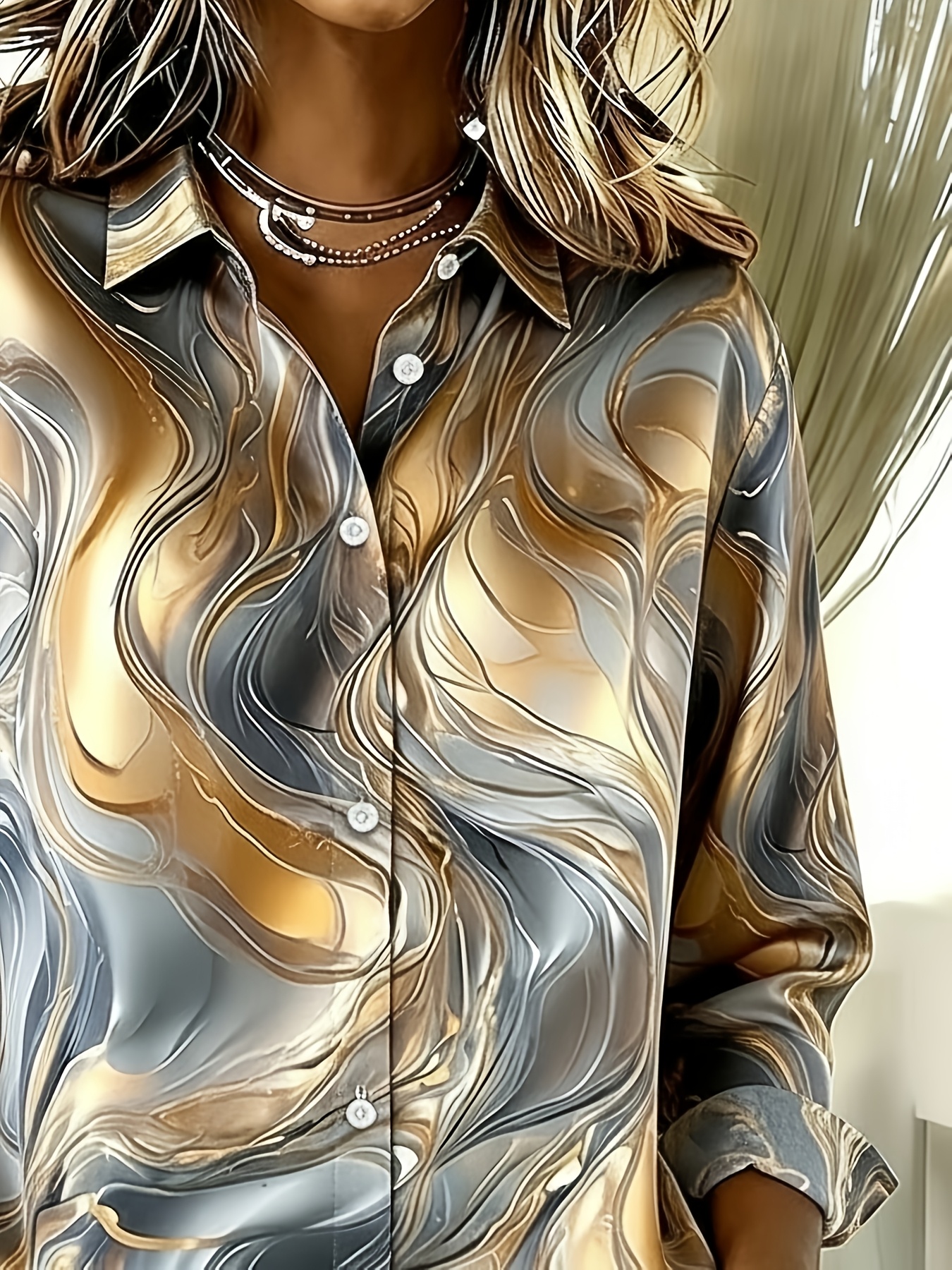 Women's Marble Print Lapel Collar Long Sleeve Blouse, Satin Texture Button Down Shirt Top with Gold Black Stone Pattern
