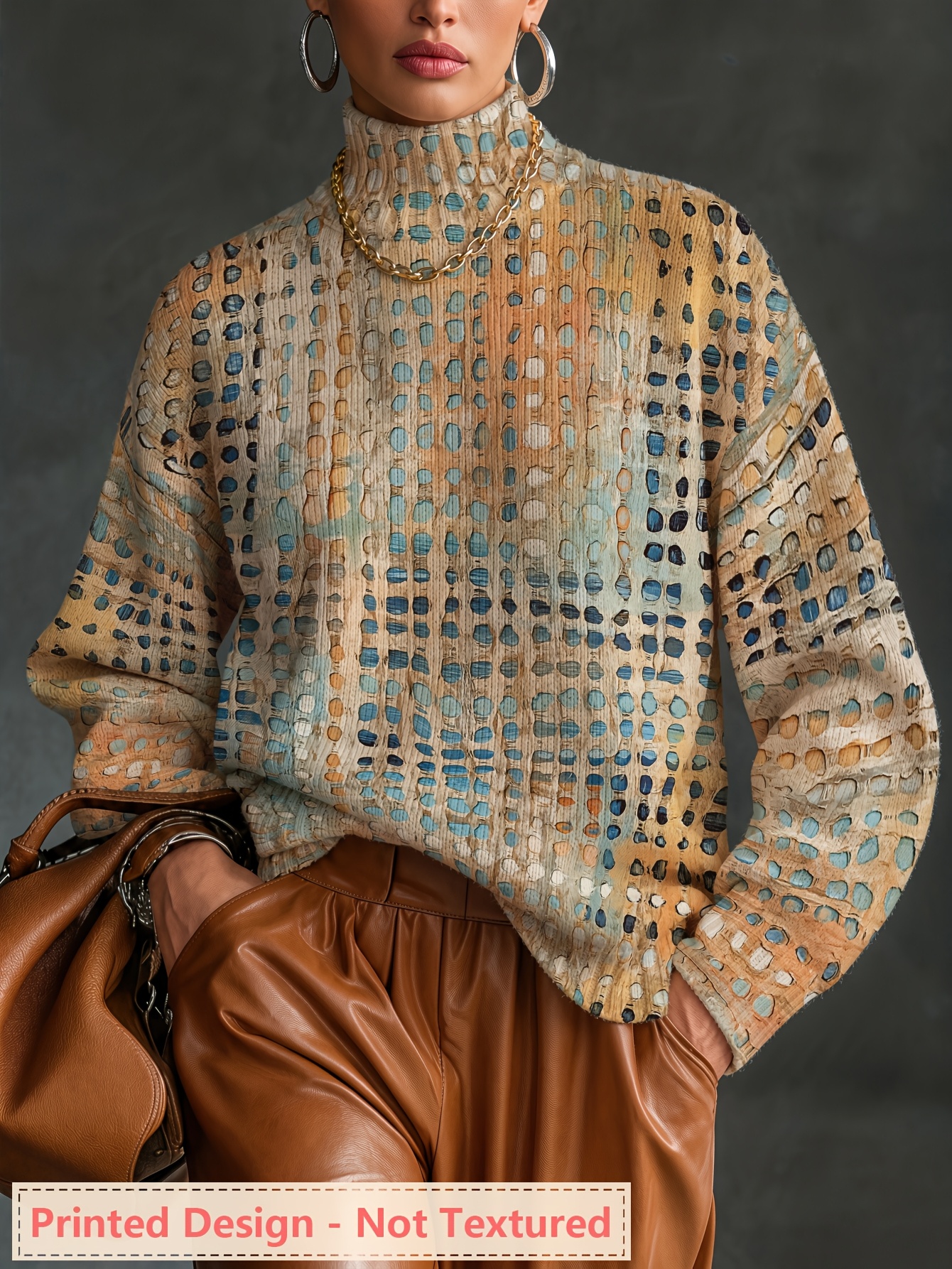 Women's Oversized Turtleneck Sweater, Vintage Abstract Dot Art Print Long Sleeve Loose Casual Fall Winter Pullover Knit Top
