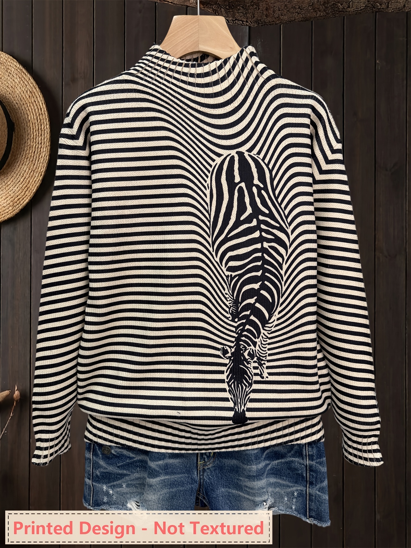 Women's Oversized Turtleneck Sweater, Zebra Stripe Art Print Long Sleeve Loose Casual Fall Winter Pullover Knit Top 