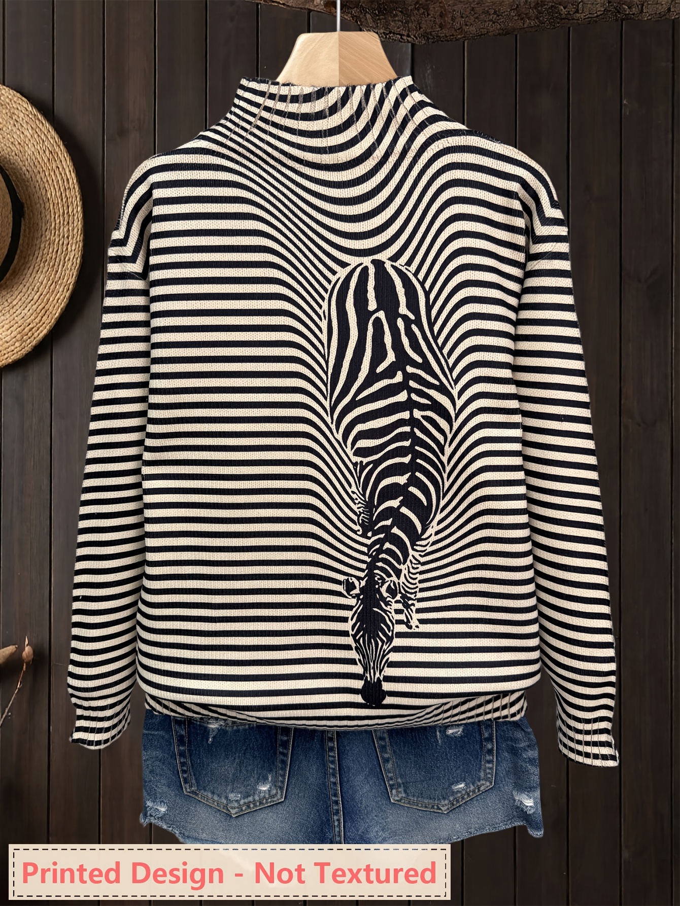 Women's Oversized Turtleneck Sweater, Zebra Stripe Art Print Long Sleeve Loose Casual Fall Winter Pullover Knit Top 