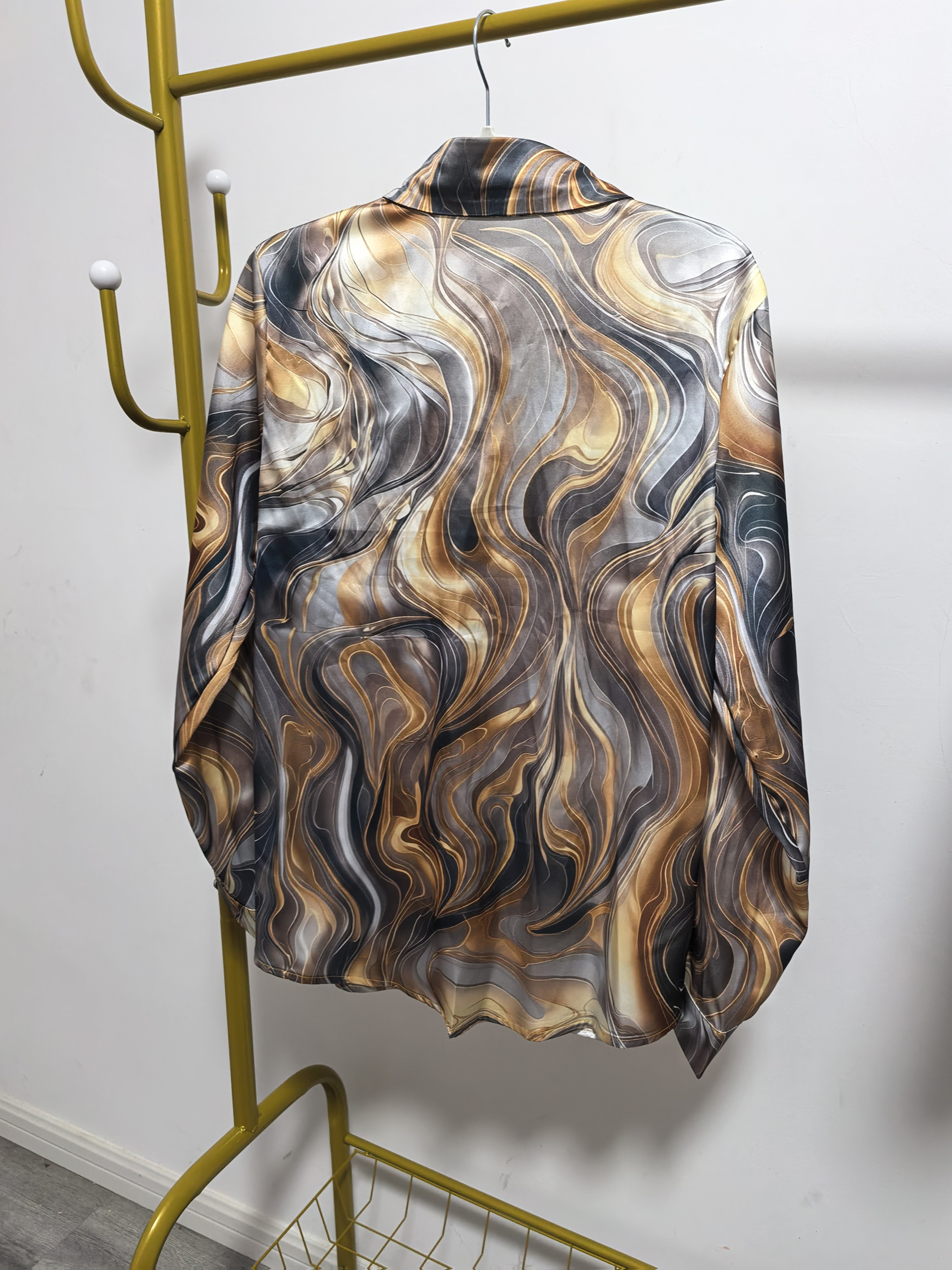 Women's Marble Print Lapel Collar Long Sleeve Blouse, Satin Texture Button Down Shirt Top with Gold Black Stone Pattern