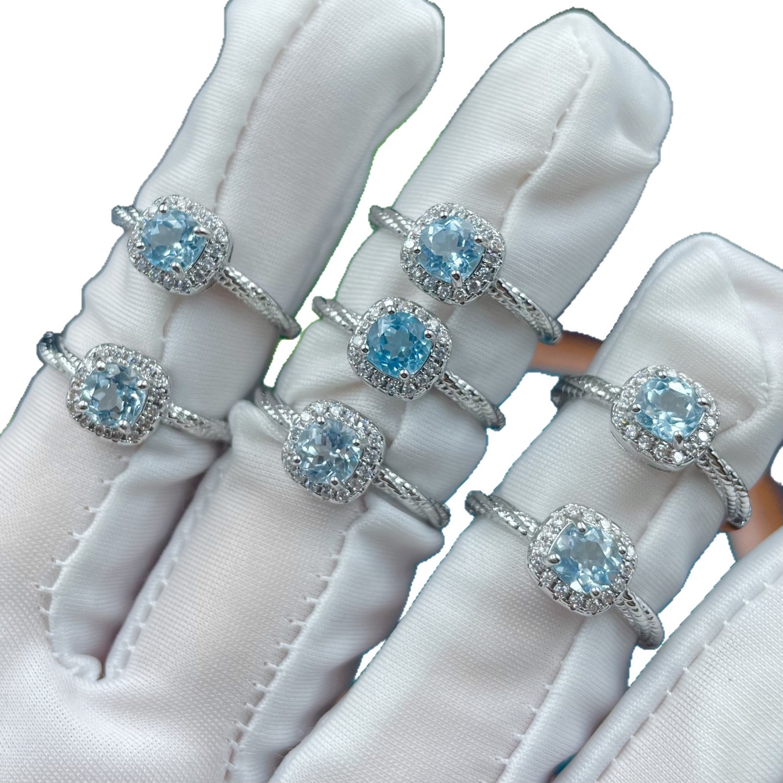 Cushion Cut Natural Blue Topaz Halo Ring for Women, Copper Silver Plated Band with 5MM Faceted Sky Blue Gemstone, Double Cubic Zirconia Border Dainty Wedding Engagement Statement Jewelry Gift