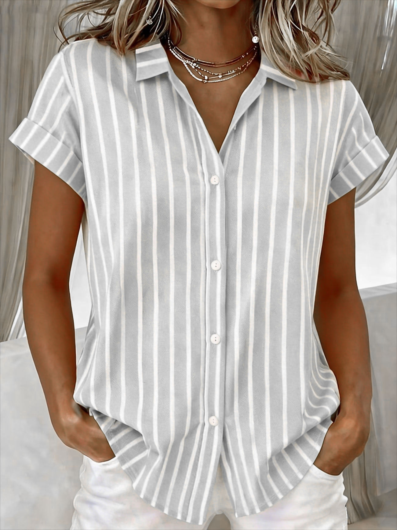Women Vertical Striped Short Sleeve Button Down Shirts, Lightweight Polyester Collared Pocket Blouses, Casual Roll Cuff Loose Fit Summer Tops with 6 Colors Available