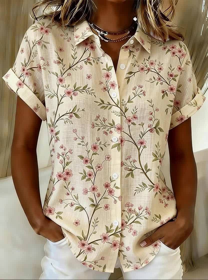 Women Vintage Pink Cherry Blossom Floral Short Sleeve Button Down Shirts, Lightweight Polyester Lapel Collar Pocket Blouses, Casual Loose Fit Summer Printed Tops-gemscharms