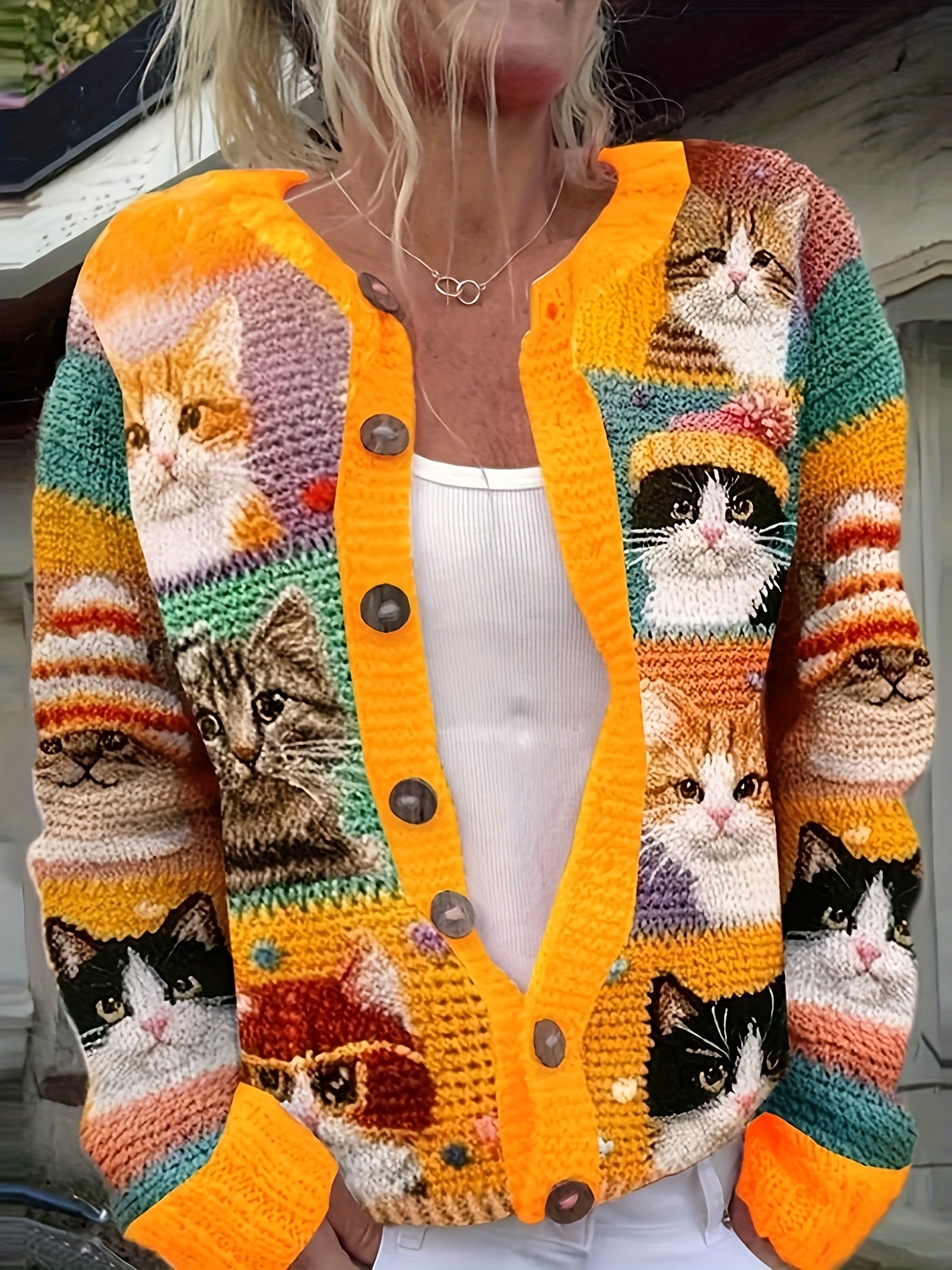 Women's Cute Cat Print Knit Cardigan, Long Sleeve V Neck Button Down Loose Casual Sweater Coat