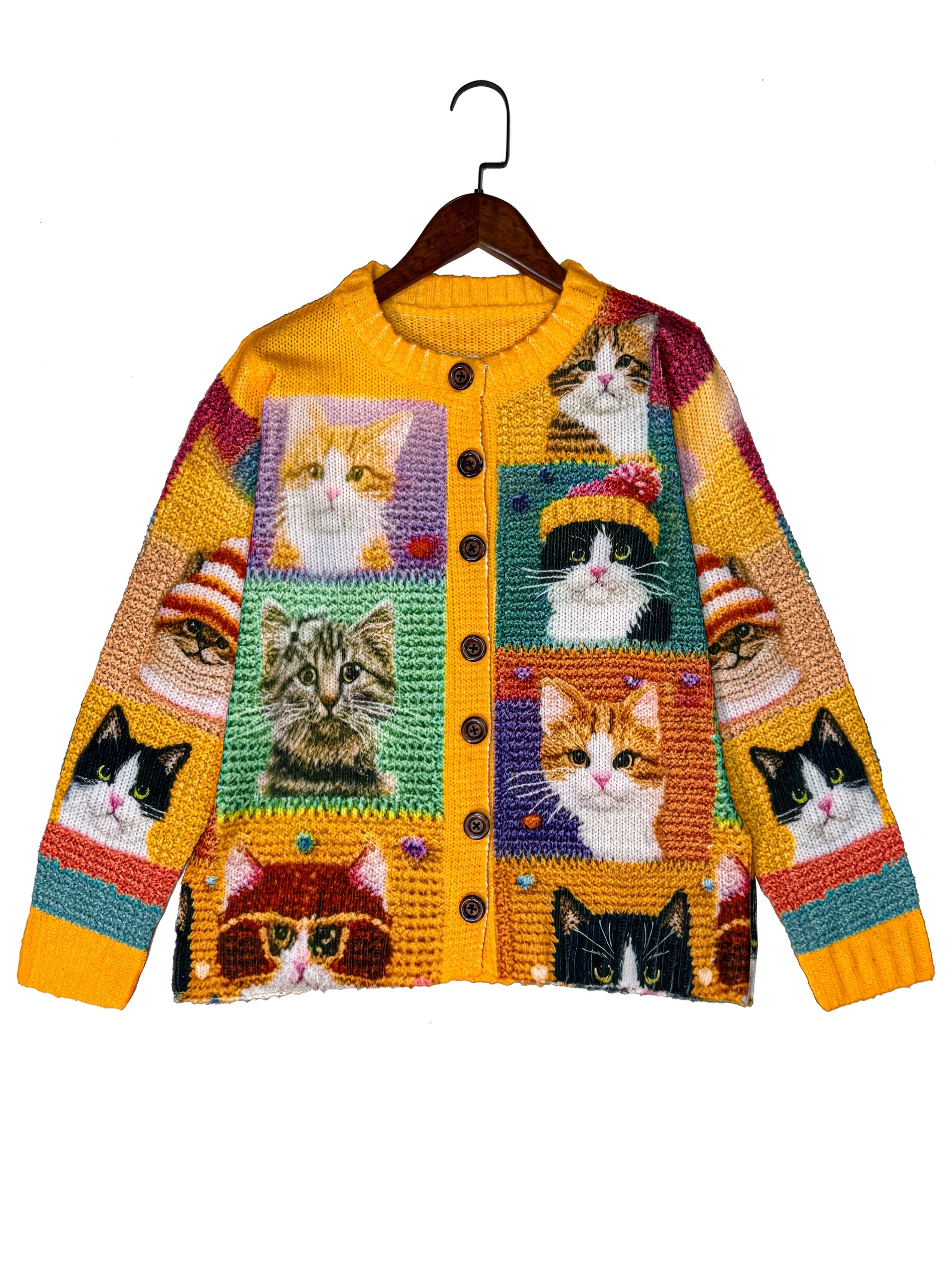 Women's Cute Cat Print Knit Cardigan, Long Sleeve V Neck Button Down Loose Casual Sweater Coat