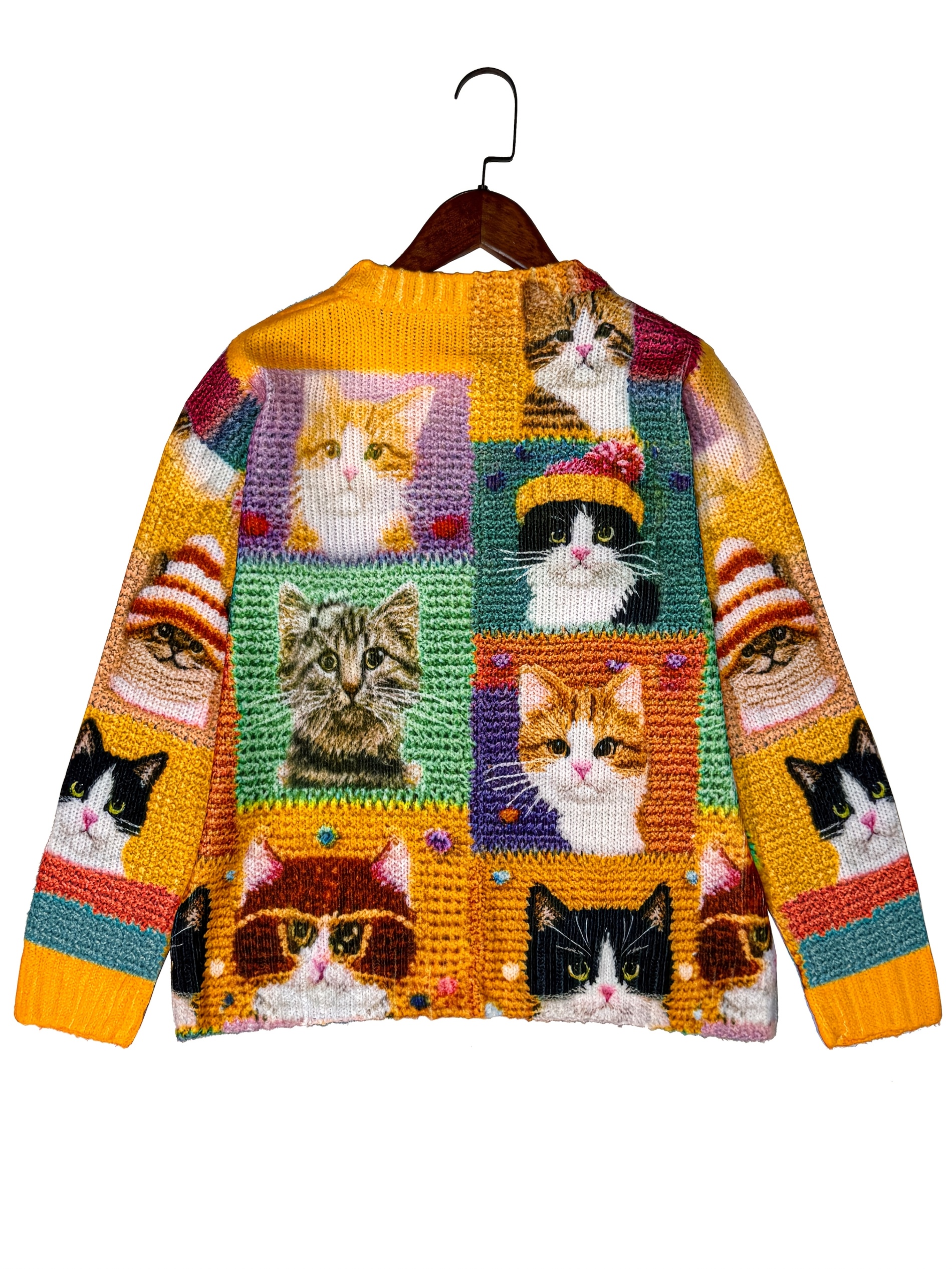 Women's Cute Cat Print Knit Cardigan, Long Sleeve V Neck Button Down Loose Casual Sweater Coat