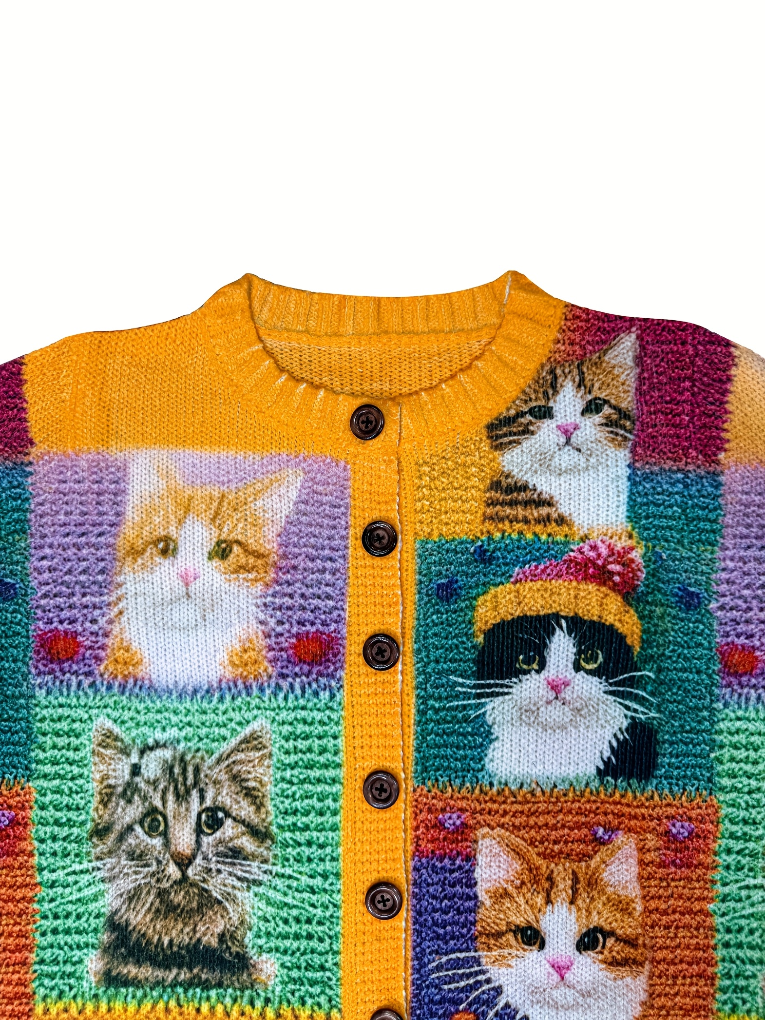 Women's Cute Cat Print Knit Cardigan, Long Sleeve V Neck Button Down Loose Casual Sweater Coat