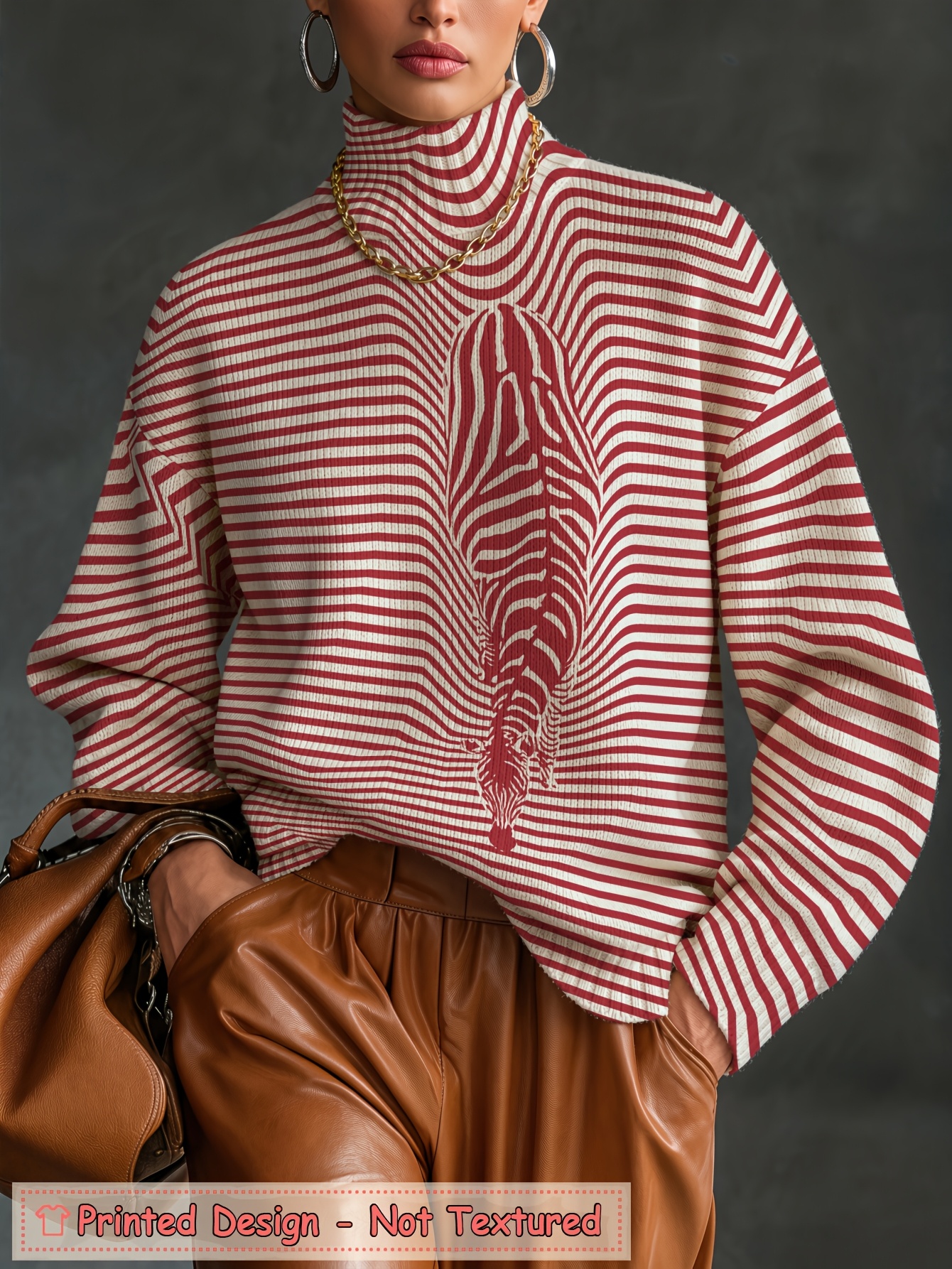 Women's Oversized Turtleneck Sweater, Zebra Stripe Art Print Long Sleeve Loose Casual Fall Winter Pullover Knit Top 