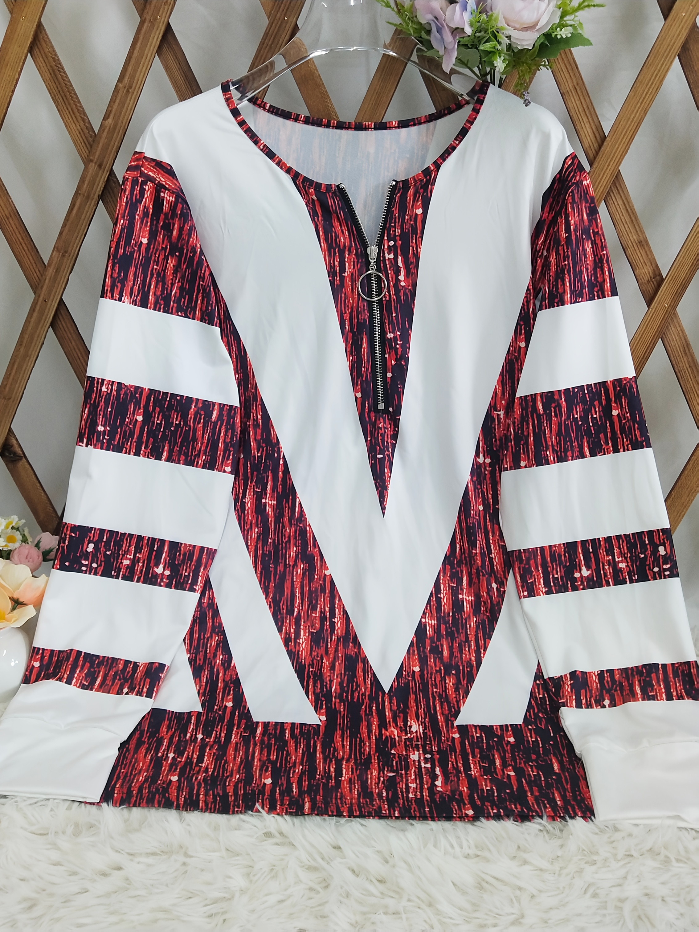 Women's Red White Color Block Printed Tops Long Sleeve Quarter Zip Pullover Shirt Casual Loose Fit Fall Winter Holiday Sweatshirt