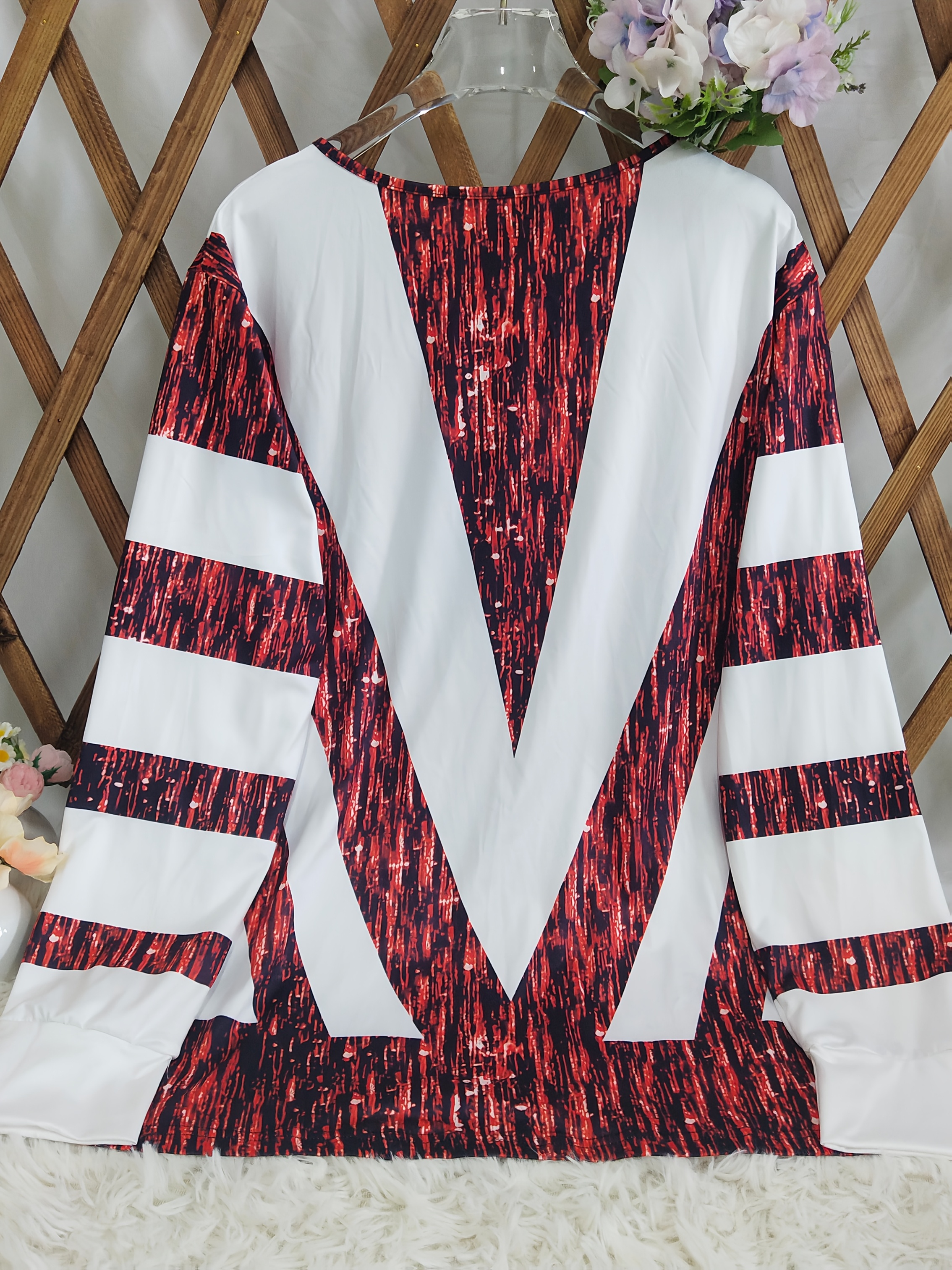Women's Red White Color Block Printed Tops Long Sleeve Quarter Zip Pullover Shirt Casual Loose Fit Fall Winter Holiday Sweatshirt