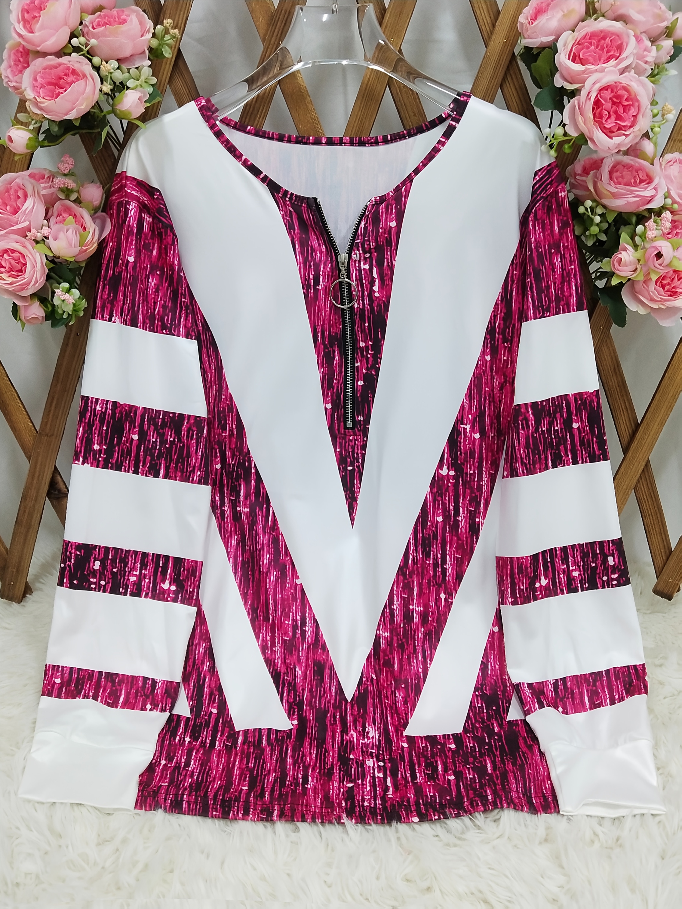 Women's Red White Color Block Printed Tops Long Sleeve Quarter Zip Pullover Shirt Casual Loose Fit Fall Winter Holiday Sweatshirt