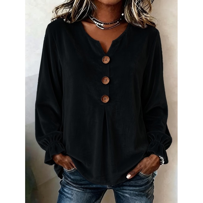Women's Velvet Long Sleeve Blouse V Neck Button Down Top Soft Casual Loose Fit Shirt Elegant Fall Winter Pullover-gemscharms