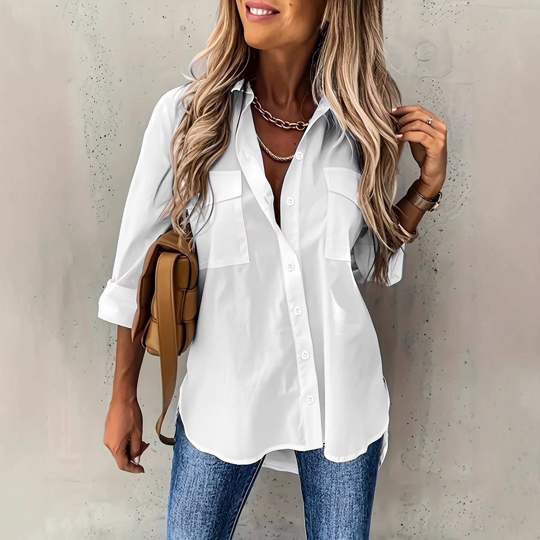 Women's White Button Down Shirt Long Sleeve Casual Blouse Oversized Collared Shirt with Pocket Loose Fit Office Work Top for Women