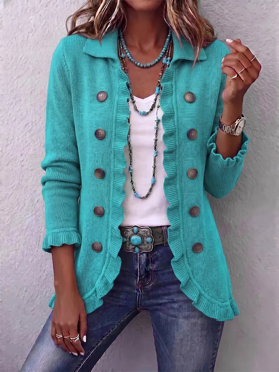 Women’s Ruffle Knit Cardigan – Long Sleeve Button Front Open Sweater Jacket