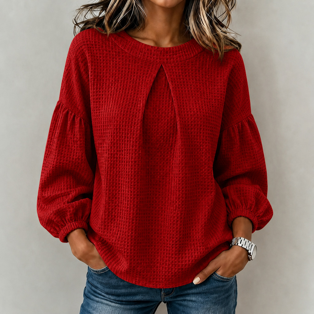 Women’s Solid Waffle Knit Lantern Sleeve Crew Neck Long Sleeve Tops
