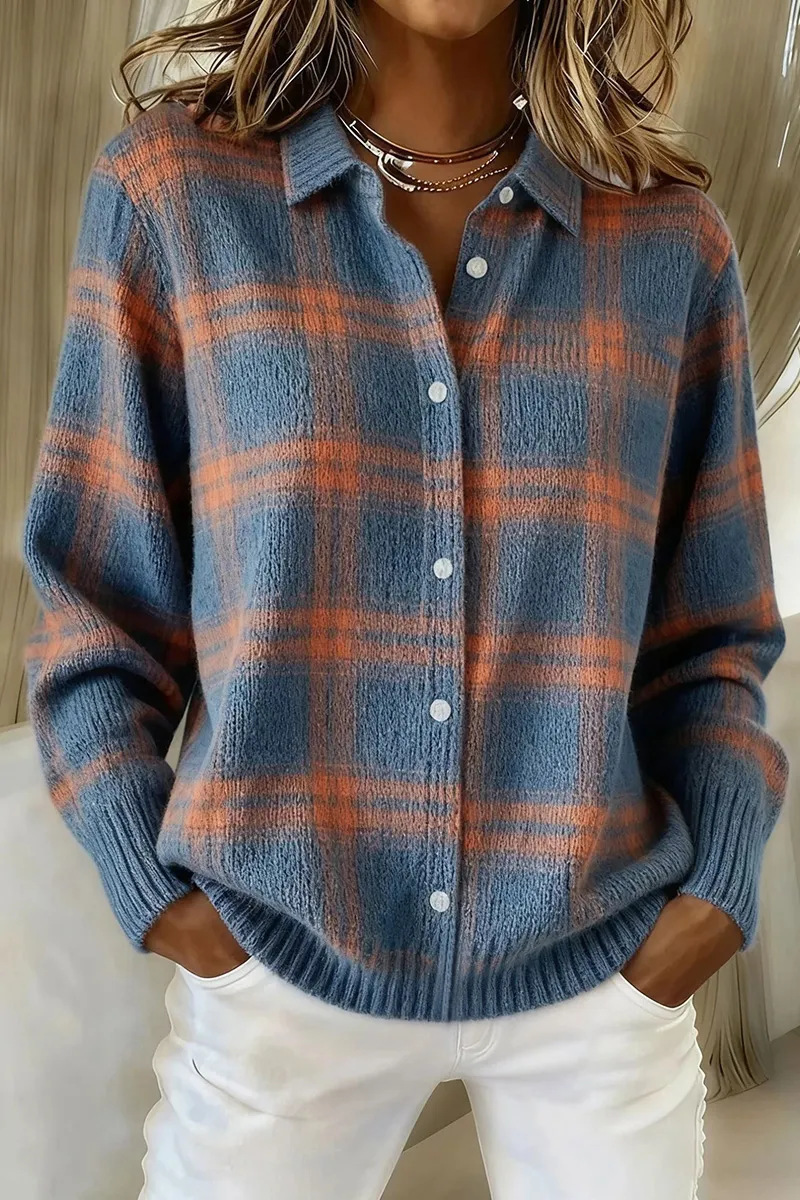 Women’s Plaid Knit Cardigan Sweater – Casual Loose Fit Button Down Long Sleeve Collared Shirt Jacket