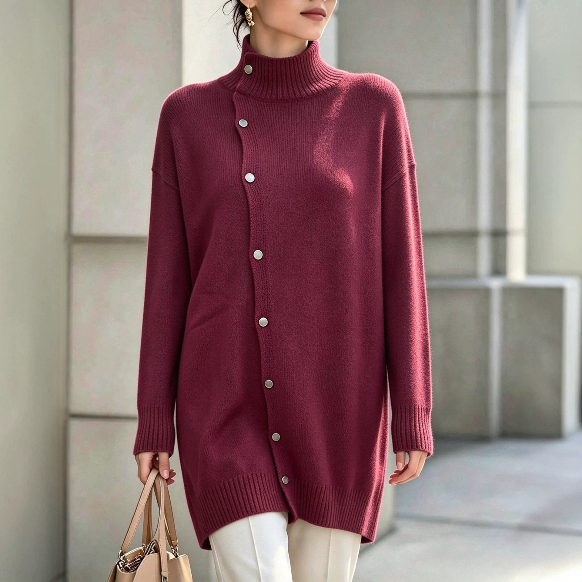 Women’s Turtleneck Button Front Sweater – Long Sleeve Oversized Knit Pullover Casual Cardigan Top