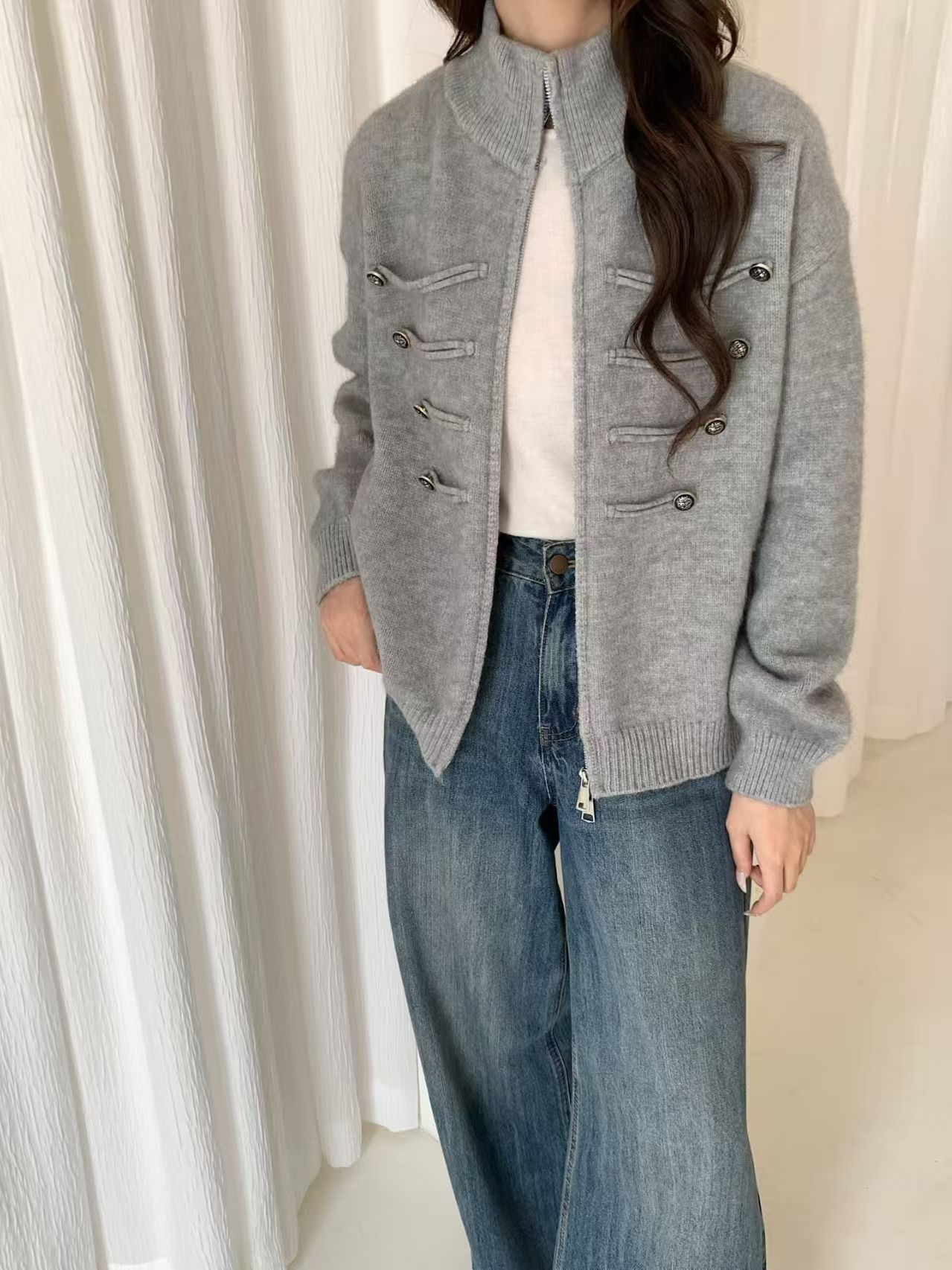 Women's Casual Mock Neck Zip Up Knit Sweater Long Sleeve Pullover Top, Solid Color Ribbed Knit Lightweight Sweater for Fall Winter