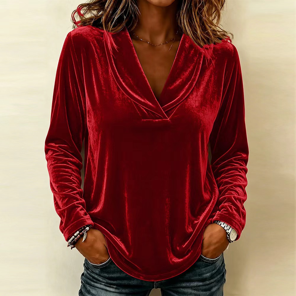 Women's Long Sleeve Velvet V Neck Tunic Top, Casual Solid Color Loose Fit Blouse Shirt, Soft Stretchy Pullover Top for Fall Winter-gemscharms