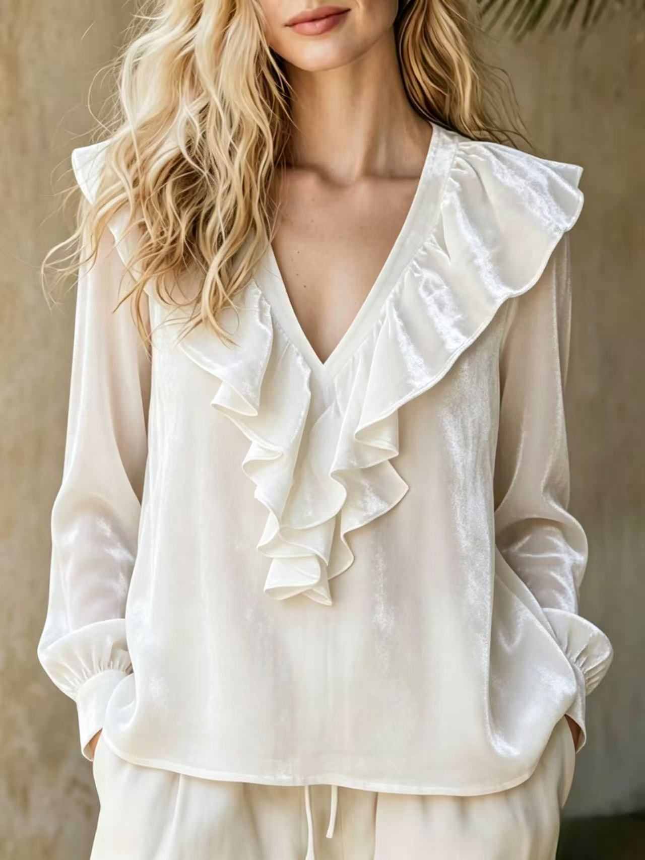 Women's Velvet Ruffle V Neck Long Sleeve Blouse, Elegant Solid Color Peplum Tunic Top with Side Pockets, Casual Dressy Shirt for Fall Winter-gemscharms