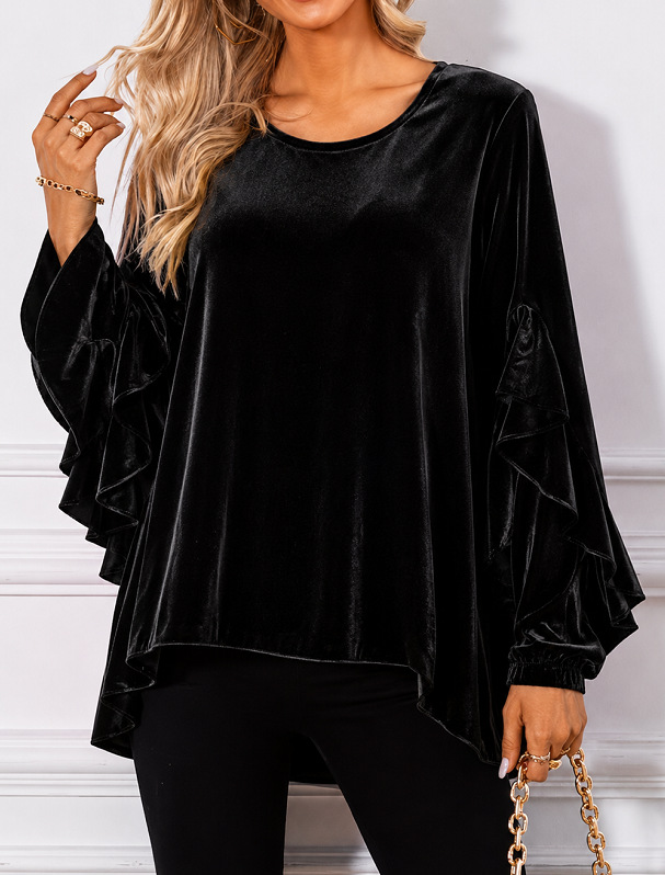 Women’s Velvet Ruffle Sleeve Top – Elegant Long Sleeve Crew Neck Blouse