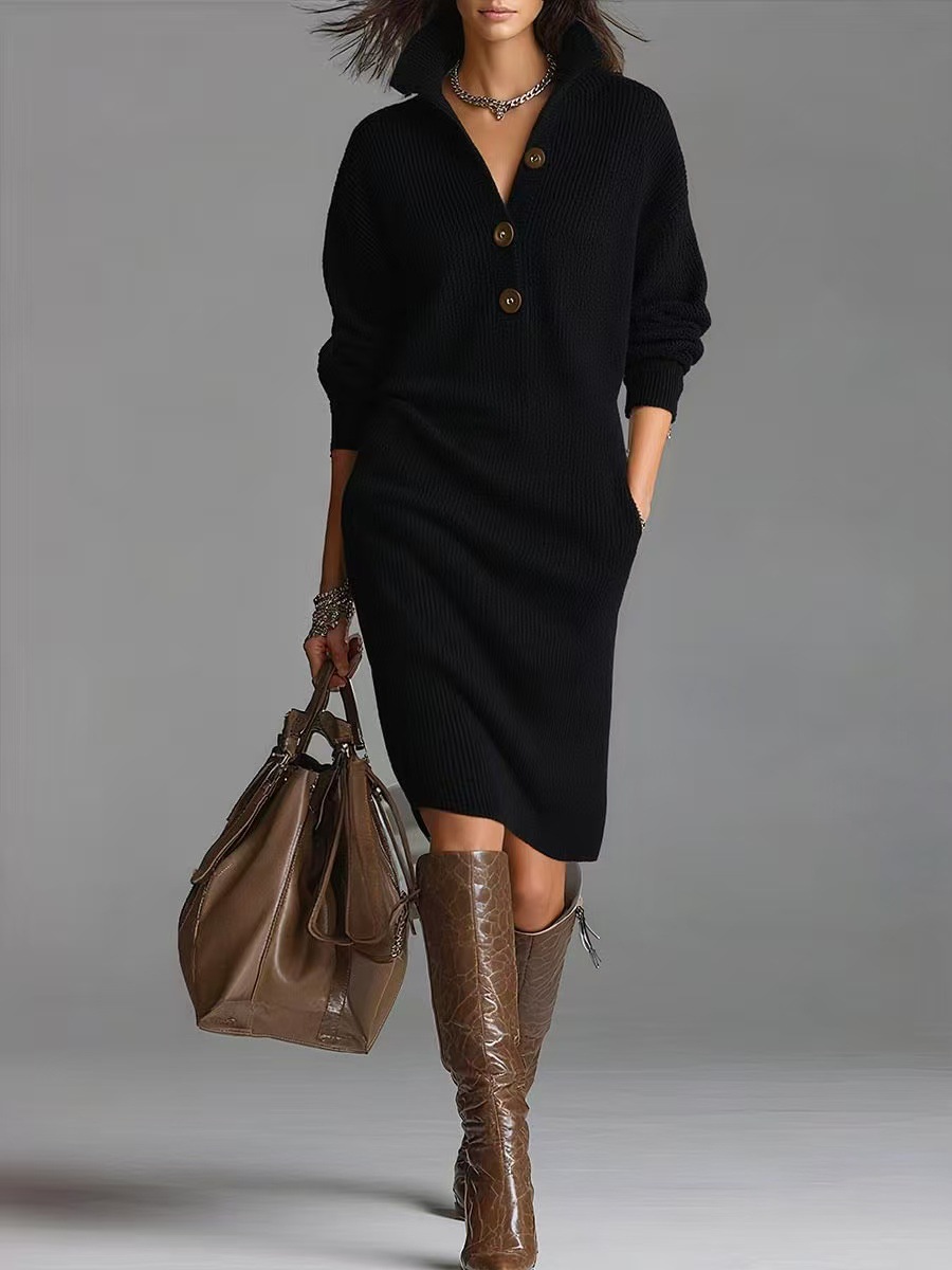 Women’s Ribbed Knit Sweater Dress Long Sleeve Collared Button Front Midi Dress Casual Fall Winter Bodycon Dress with Side Pockets