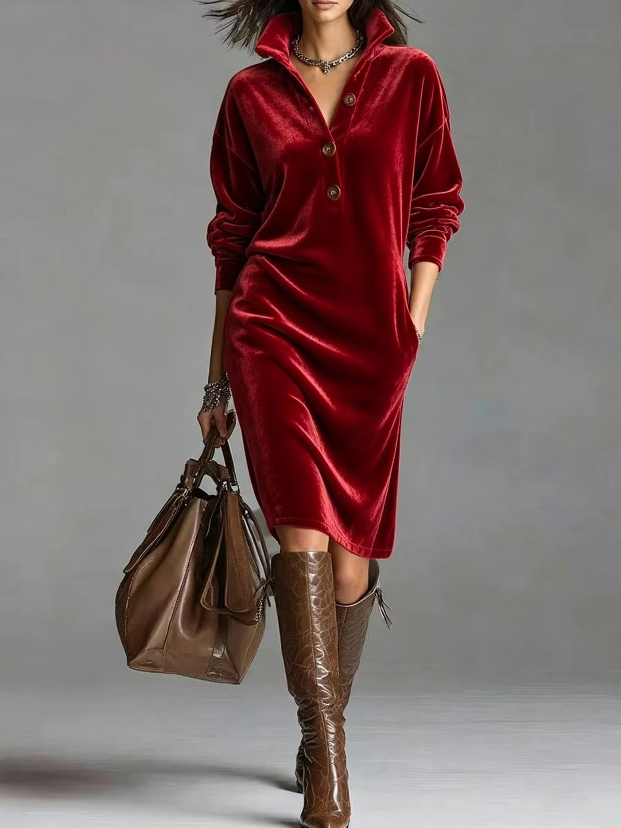 Women’s Velvet Shirt Dress – Long Sleeve Button Down Loose Fit Midi Dress