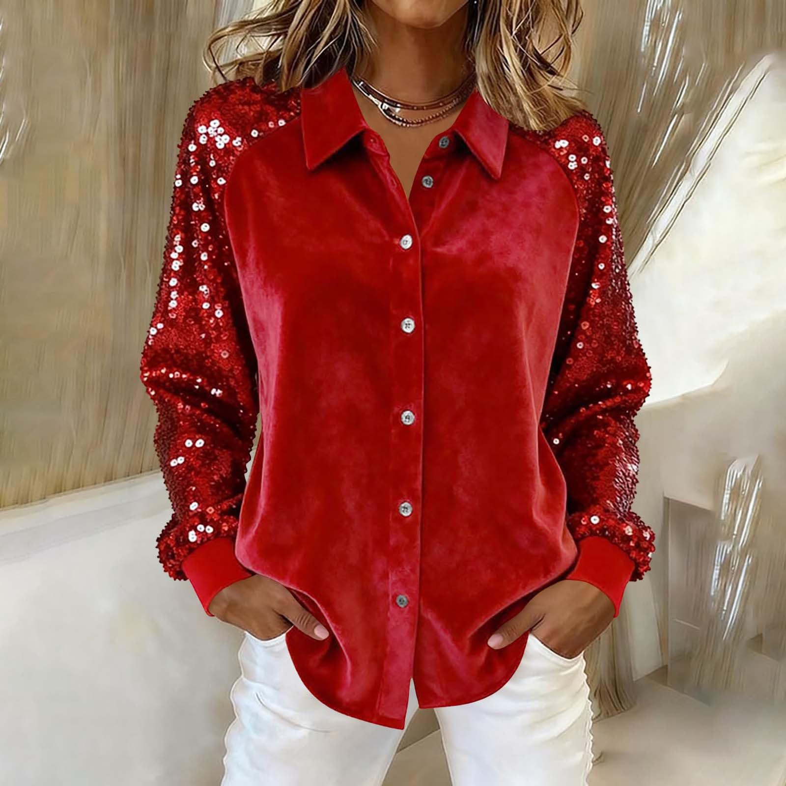 Women's Velvet Button Down Shirt Sequin Long Sleeve Blouse Elegant Sparkle Party Top Casual Luxury Shirt for Fall Winter