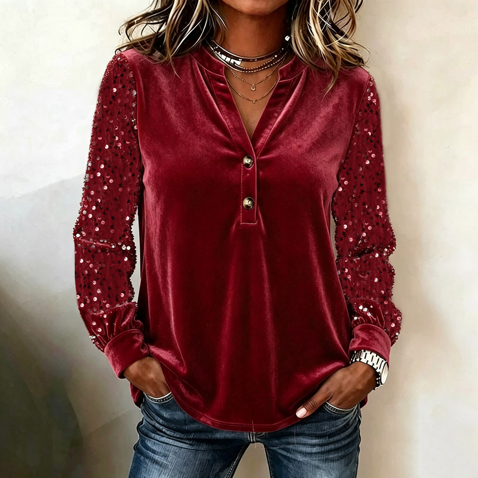 Women's Velvet Blouse Long Sleeve Sequin Sleeve Top V Neck Button Front Elegant Party Casual Shirt