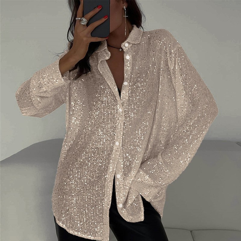 Women's Velvet Blouse Long Sleeve Sequin Sleeve Top V Neck Button Front Elegant Party Casual Shirt
