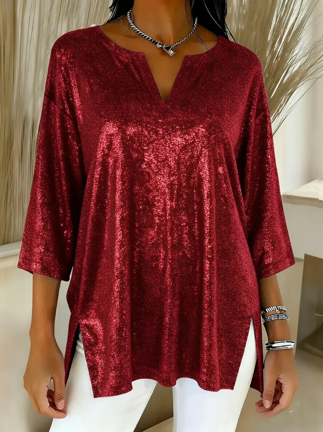 Women's Sequin Tunic Top – Sparkly 3/4 Sleeve Blouse with V Neck for Party, Evening, Holiday & Special Occasions