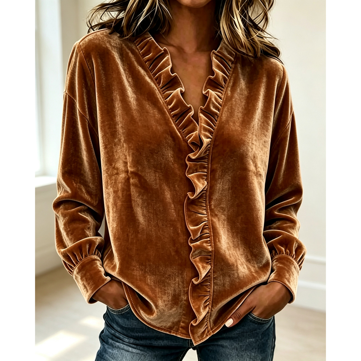 Women's Velvet V Neck Blouse Long Sleeve Ruffle Trim Tops Soft Casual Loose Fit Pullover Shirt Elegant Fall Winter Fashion Shirt