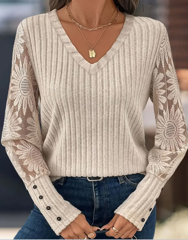 Women's V Neck Long Sleeve Knit Top – Lace Sleeve Ribbed Blouse with Elegant Button Cuff Detail for Casual & Dressy Wear