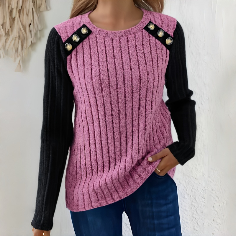Women’s Ribbed Knit Long Sleeve Sweater – Round Neck Button Shoulder Pullover Top