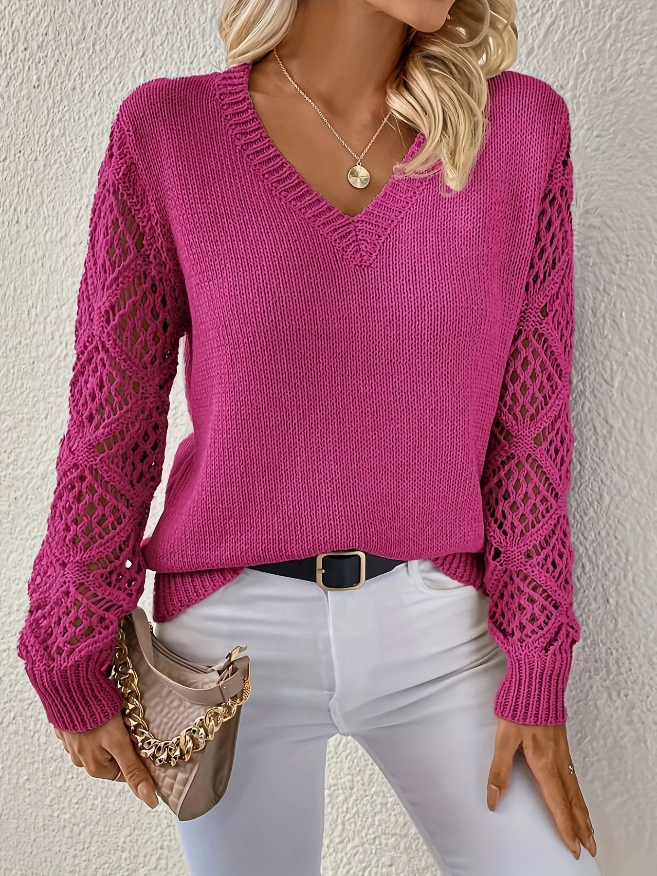 Women's V Neck Crochet Sleeve Knit Sweater – Long Sleeve Loose Fit Pullover Top with Openwork Detail for Casual & Elegant Wear