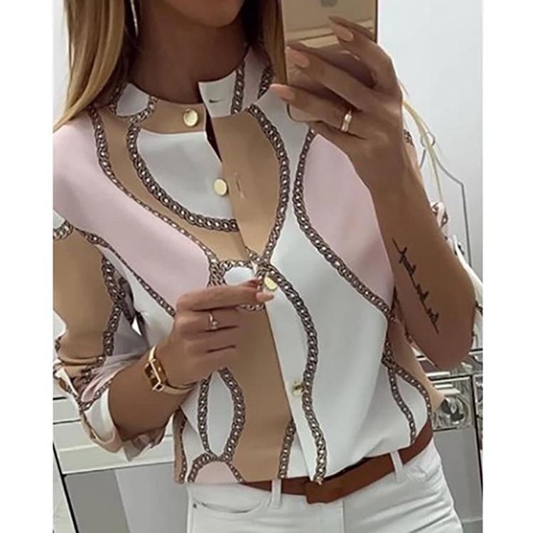 Women’s Casual Button Down Blouse – Long Sleeve Turn-Down Collar Shirt with Chain Print