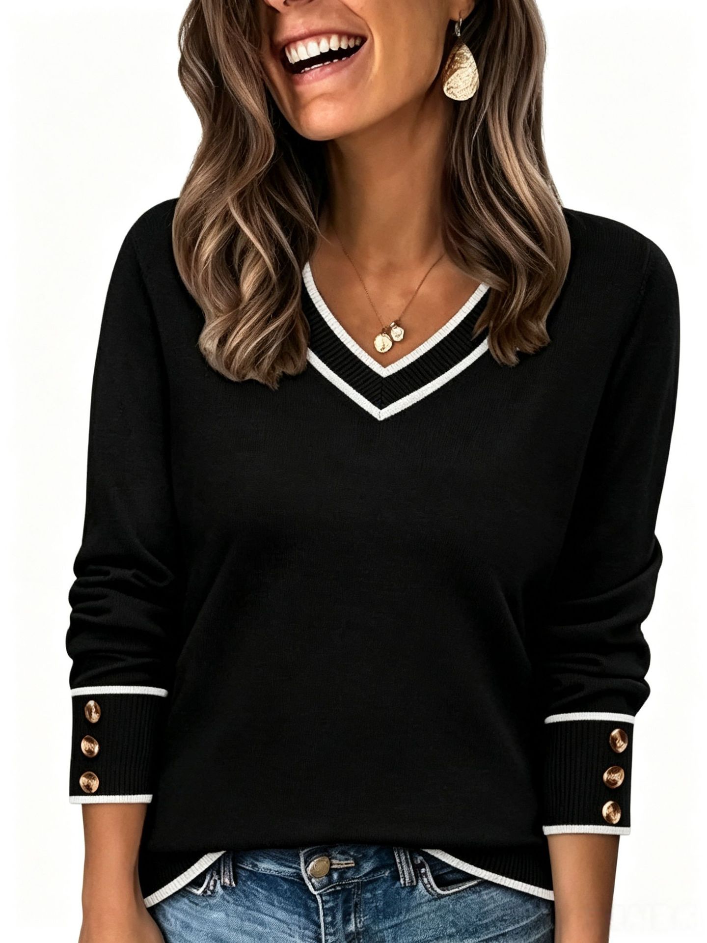 Women’s V Neck Knit Sweater Long Sleeve Pullover Tops with Contrast Trim Cuffs Button Detail Casual Loose Fit Sweater Shirt Fall Winter Fashion Clothing