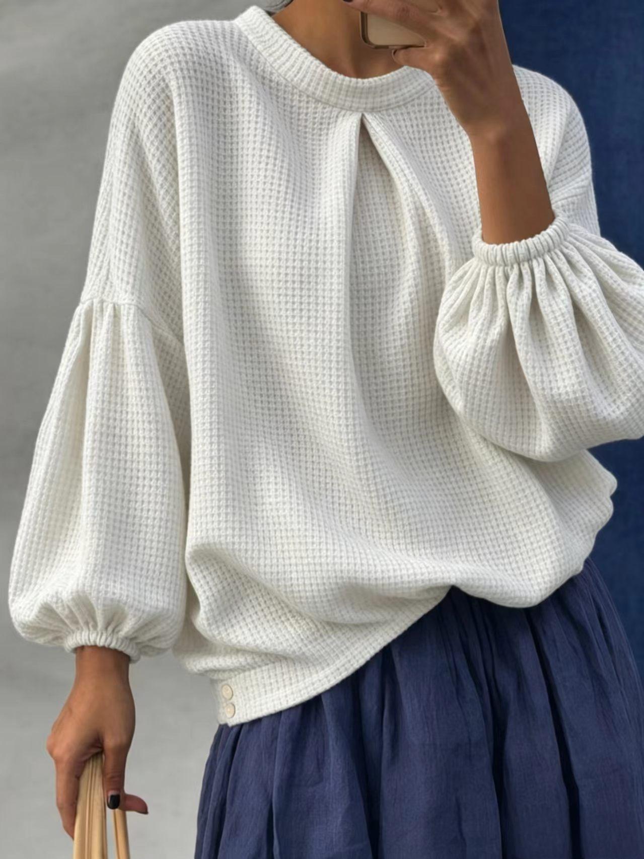 Women's Waffle Knit Puff Sleeve Top, Long Sleeve Crew Neck Casual Pullover Shirt, Loose Fit Textured Blouse for Fall Winter