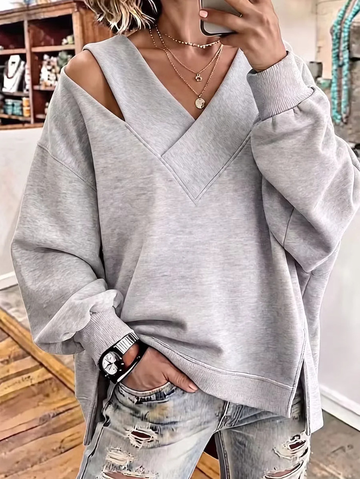 Women's Oversized V Neck Sweatshirt, Off Shoulder Loose Fit Pullover Top, Long Sleeve Casual Hoodie Style Shirt for Fall Winter