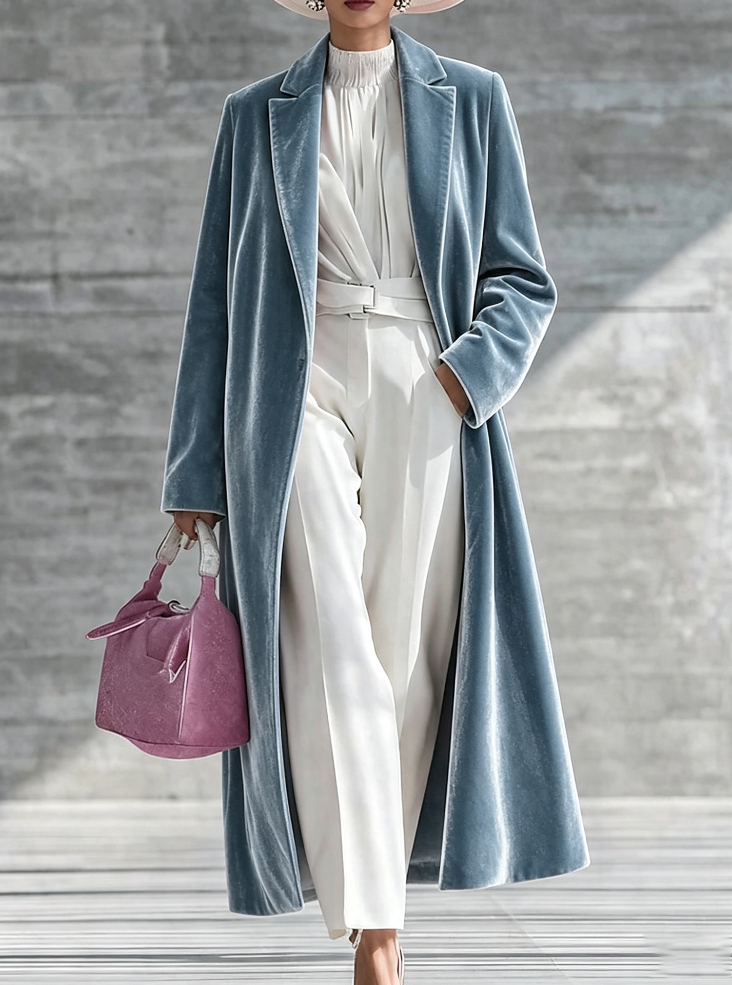 Women's Velvet Long Coat, Elegant Lapel Collar Over Knee Trench Coat, Soft Plush Long Sleeve Open Front Outerwear Jacket for Fall Winter