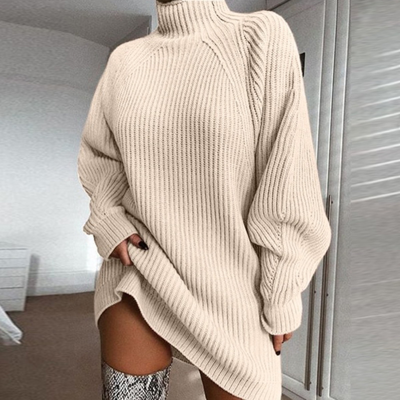 Women Oversized Turtleneck Sweater Dress, Chunky Ribbed Knit Long Sleeve Mini Dress, Loose Pullover Jumper for Fall Winter