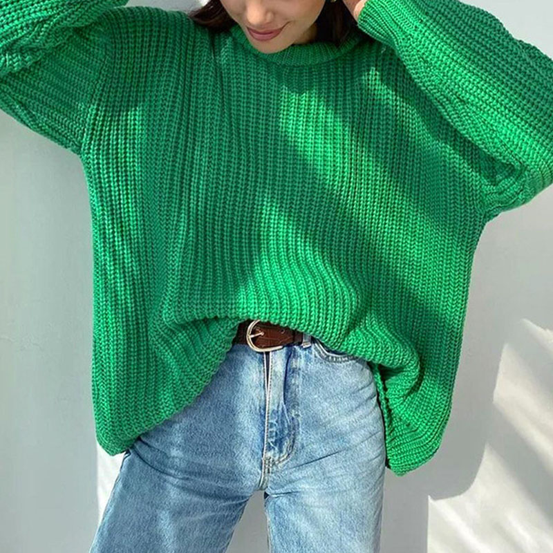 Women's Chunky Knit Sweater Crew Neck Long Sleeve Pullover Soft Casual Oversized Winter Tops Fashion Cozy Knitwear