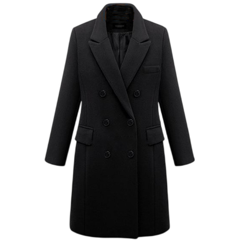 Women's Double Breasted Midi Coat, Notched Lapel Long Sleeve Polyester Dress Coat, Classic Solid Formal Work Outerwear  