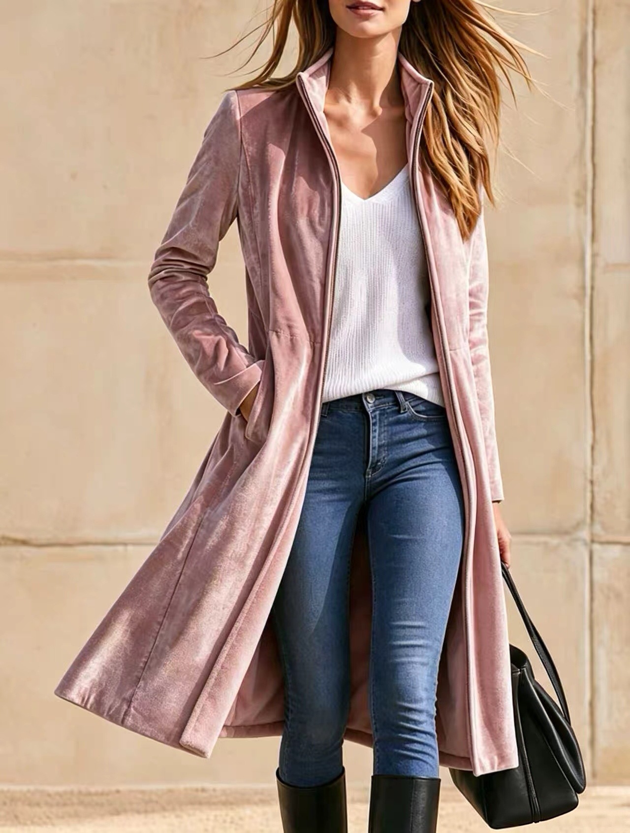 Women's Stand Collar Velvet Long Coat, Full Zip Up Over Knee Retro Velvet Trench Coat, Fall Winter Elegant Outerwear
