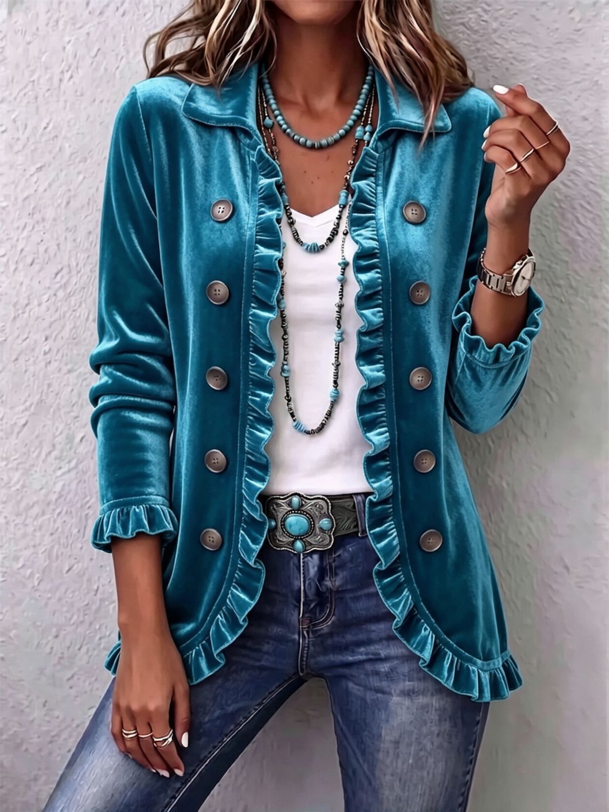 Women's Velvet Button Down Jacket, Long Sleeve Ruffle Trim Collared Velour Open Front Cardigan Coat, Fall Winter Casual Outerwear