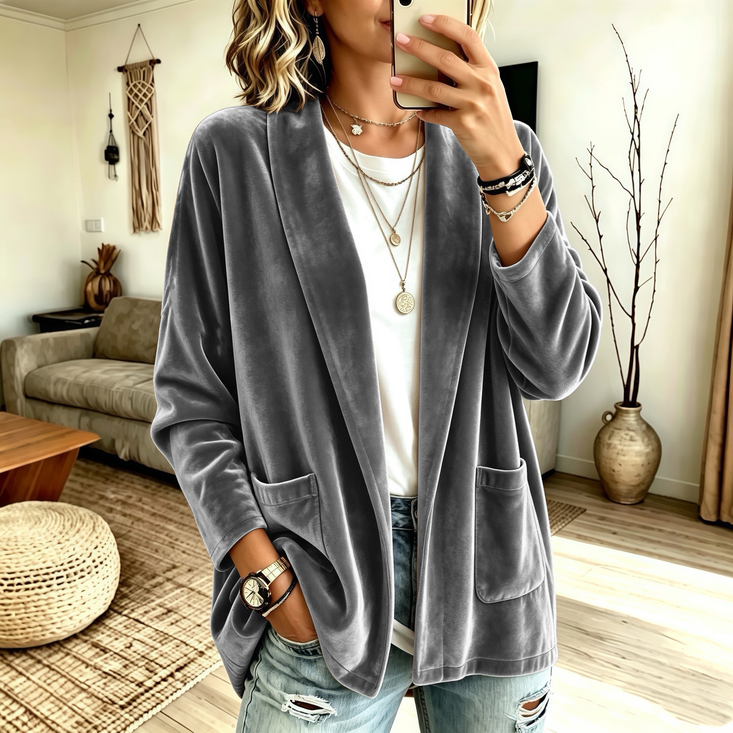 Women's Velvet Open Front Cardigan, Long Sleeve Shawl Collar Velour Jacket with Pockets, Fall Winter Casual Loose Fit Outerwear
